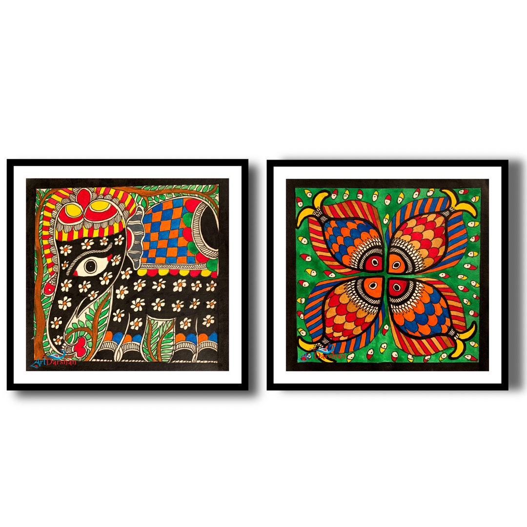 Madhubani Animals Indian Folk Painting, Indian Wall Art, Handpainted