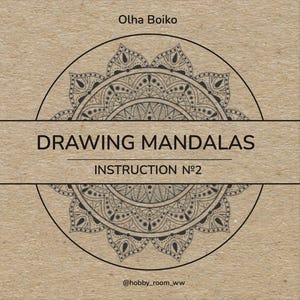 Könnte beinhalten: Ein schwarz-weißes Mandala-Design mit dem Text "Drawing Mandalas Instruction N°2" und dem Namen der Künstlerin "Olha Boiko" oben. Der Text "@hobby_room_www" befindet sich unten im Bild.