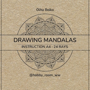 May include: A black and white mandala design with 24 rays. The text "Drawing Mandalas" and "Instruction A4 - 24 Rays" is printed in black on a white background. The text "@hobby_room_ww" is printed in black at the bottom of the image.