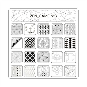 Könnte beinhalten: Ein schwarz-weißes druckbares Zen-Spiel mit 20 nummerierten Feldern, die jeweils ein anderes geometrisches Muster enthalten. Der Titel des Spiels lautet "ZEN_GAME Nº3".
