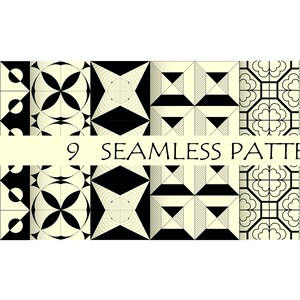 May include: Nine black and white geometric seamless patterns. The patterns are made up of squares, circles, and triangles.