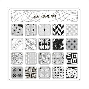 Puede incluir: Un juego de zen imprimible en blanco y negro con 20 patrones geométricos diferentes. El juego está etiquetado como "ZEN_GAME N°1".