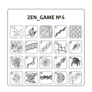 Könnte beinhalten: Ein schwarz-weißes druckbares Zen-Spiel mit 20 verschiedenen Mustern zum Zeichnen. Das Spiel ist mit "ZEN_GAME №4" beschriftet.
