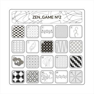 Könnte beinhalten: Ein Schwarzweiß-Zen-Spiel mit 20 verschiedenen Mustern zum Ausfüllen. Das Spiel heißt "ZEN_GAME N°2".