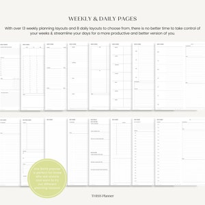 K&ouml;nnte beinhalten: Ein Planer mit Wochen- und Tageslayouts. Das Bild zeigt verschiedene offene Seiten mit unterschiedlichen Organisationsstrukturen. Texte auf den Seiten sind "WEEKLY & DAILY PAGES" und "THISS Planner". Der Planer bietet &uuml;ber 13 Wochen- und 8 Tageslayouts.