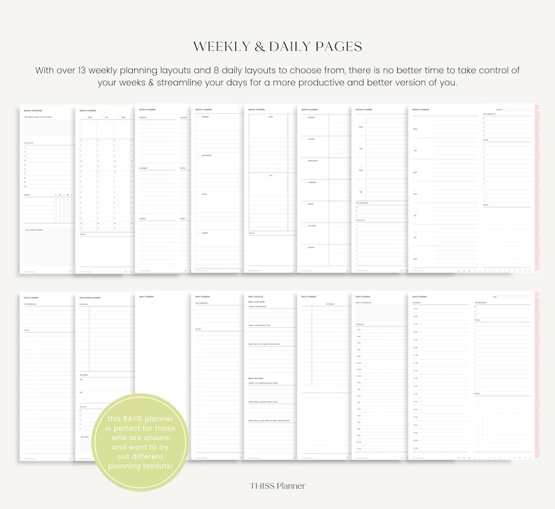 K&ouml;nnte beinhalten: Ein Planer mit Wochen- und Tageslayouts. Das Bild zeigt verschiedene offene Seiten mit unterschiedlichen Organisationsstrukturen. Texte auf den Seiten sind "WEEKLY & DAILY PAGES" und "THISS Planner". Der Planer bietet &uuml;ber 13 Wochen- und 8 Tageslayouts.