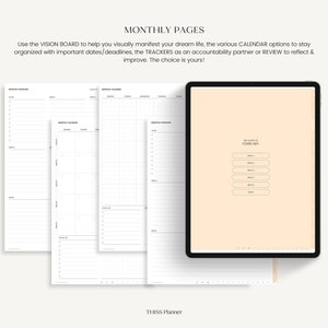 K&ouml;nnte beinhalten: Ein digitaler Planer mit Monatsseiten, einschlie&szlig;lich Kalender- und To-Do-Listen-Layouts. Das Bild zeigt ein Tablet mit einem Februar-Kalender sowie gedruckte Planerseiten. Der Text enth&auml;lt "MONTHLY PAGES" und "THISS Planner."
