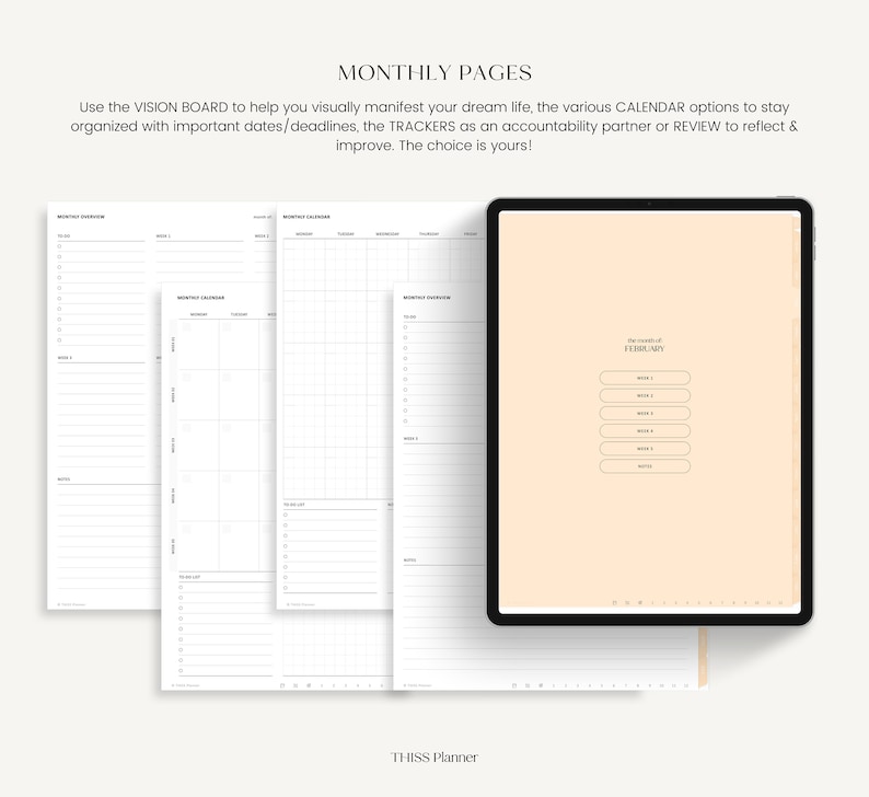 K&ouml;nnte beinhalten: Ein digitaler Planer mit Monatsseiten, einschlie&szlig;lich Kalender- und To-Do-Listen-Layouts. Das Bild zeigt ein Tablet mit einem Februar-Kalender sowie gedruckte Planerseiten. Der Text enth&auml;lt "MONTHLY PAGES" und "THISS Planner."