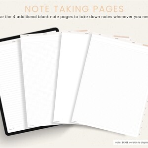 Puede incluir: Cuatro p&aacute;ginas de notas en blanco en un planificador digital. Las p&aacute;ginas son rayadas, cuadriculadas y en blanco. El texto "NOTE TAKING PAGES" est&aacute; en la parte superior de la imagen. El texto "Use the 4 additional blank note pages to take down notes whenever you need" est&aacute; debajo del t&iacute;tulo. El texto "note: BEIGE version is displayed on this page" est&aacute; en la parte inferior de la imagen.