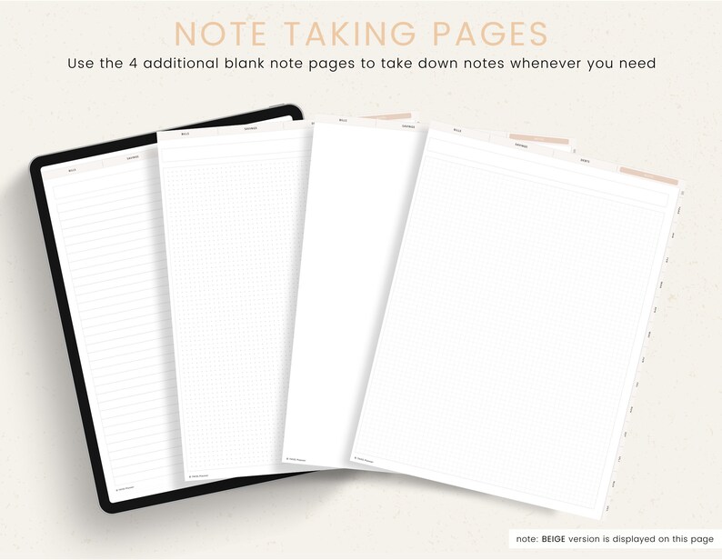 Puede incluir: Cuatro p&aacute;ginas de notas en blanco en un planificador digital. Las p&aacute;ginas son rayadas, cuadriculadas y en blanco. El texto "NOTE TAKING PAGES" est&aacute; en la parte superior de la imagen. El texto "Use the 4 additional blank note pages to take down notes whenever you need" est&aacute; debajo del t&iacute;tulo. El texto "note: BEIGE version is displayed on this page" est&aacute; en la parte inferior de la imagen.