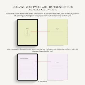 K&ouml;nnte beinhalten: Digitaler Planer mit Hyperlink-Tabs und Abschnittstrennern. Das Bild zeigt ein Tablet mit hellgr&uuml;nem Bildschirm und ein Notizbuch mit hellgr&uuml;ner Seite. Der Text auf dem Bild lautet "ORGANIZE YOUR PAGES WITH HYPERLINKED TABS AND SECTION DIVIDERS" und "THISS Planner".