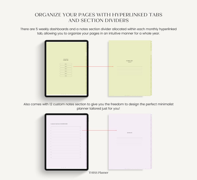 K&ouml;nnte beinhalten: Digitaler Planer mit Hyperlink-Tabs und Abschnittstrennern. Das Bild zeigt ein Tablet mit hellgr&uuml;nem Bildschirm und ein Notizbuch mit hellgr&uuml;ner Seite. Der Text auf dem Bild lautet "ORGANIZE YOUR PAGES WITH HYPERLINKED TABS AND SECTION DIVIDERS" und "THISS Planner".