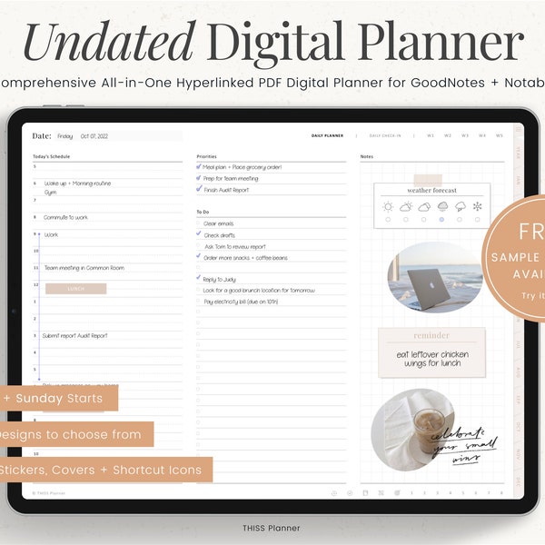 ONGEDATEERDE digitale planner, minimalistische planner sjabloon, GoodNotes planner Notability iPad planner, dagelijkse planner digitaal dagboek