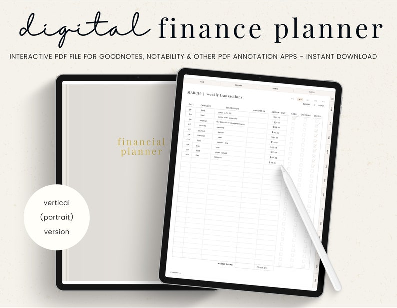 Puede incluir: Un planificador financiero digital para Goodnotes, Notability y otras aplicaciones de anotaci&oacute;n PDF. El planificador est&aacute; en formato vertical y presenta una secci&oacute;n de transacciones semanales para el mes de marzo.