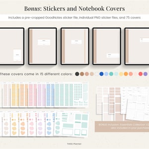May include: A digital planner with 75 notebook covers in 15 different colors. The covers are shown in a digital format on a computer screen. The planner also includes a sticker set with various shapes and designs.