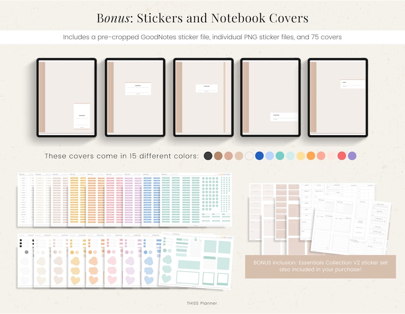 May include: A digital planner with 75 notebook covers in 15 different colors. The covers are shown in a digital format on a computer screen. The planner also includes a sticker set with various shapes and designs.