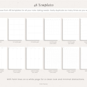 May include: A set of 48 printable planner templates with faint lines on a white background. The templates include various layouts for lists, monthly grids, weekly grids, and daily schedules.