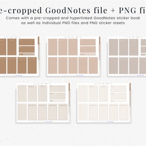 May include: Three different color variations of a printable GoodNotes planner page. The pages are divided into sections with lines and boxes for writing and organizing. The pages are in brown, beige, and gray.