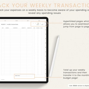 Puede incluir: Una p&aacute;gina de planificador digital con una tabla para realizar un seguimiento de las transacciones semanales. La p&aacute;gina tiene el t&iacute;tulo "MARZO | transacciones semanales" e incluye columnas para la fecha, la categor&iacute;a, la descripci&oacute;n, el importe de salida, el importe de entrada, el efectivo, el cheque, el cr&eacute;dito y las notas. La p&aacute;gina tambi&eacute;n incluye una secci&oacute;n para los totales semanales y una nota que indica que la versi&oacute;n BEIGE se muestra en esta p&aacute;gina.