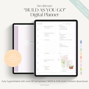K&ouml;nnte beinhalten: Ein digitaler Planer auf einem Tablet, der ein Wochenlayout mit To-Do-Listen und Notizen zeigt. Der Bildschirm zeigt ein neutrales Farbthema mit einer floralen Illustration. Der Text enth&auml;lt "BUILD AS YOU GO" und "UNDATED - CAN BE USED YEAR AFTER YEAR."