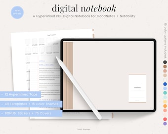 Digital Notebook for Goodnotes and Notability - 12 Hyperlinked Tabs - Digital Notes Template for Notetaking & Digital Note Book for Students