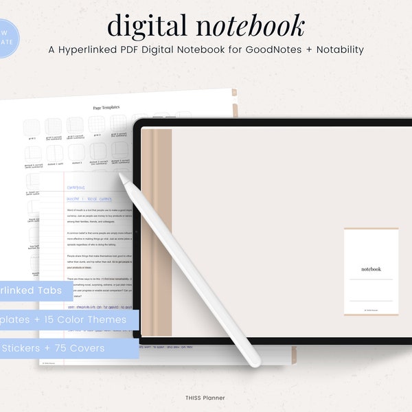 Digital Notebook for Goodnotes and Notability - 12 Hyperlinked Tabs - Digital Notes Template for Notetaking & Digital Note Book for Students