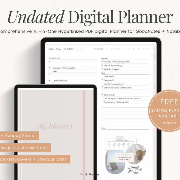 UNDATED Digital Planner, PORTRAIT Planner Template, GoodNotes Planner Notability iPad Planner, Daily Planner Digital Journal MINIMALIST