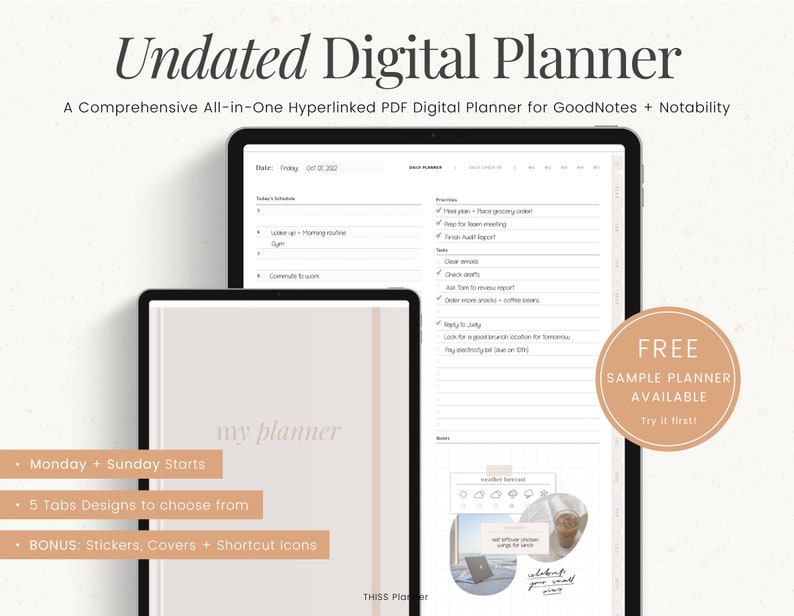 UNDATED Digital Planner, PORTRAIT Planner Template, GoodNotes Planner Notability iPad Planner, Daily Planner Digital Journal MINIMALIST image 1