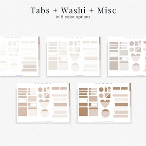 May include: Five printable sheets of planner stickers in various neutral colors. The stickers include tabs, washi tape, and other decorative elements. The text "Tabs + Washi + Misc" is at the top of the image.