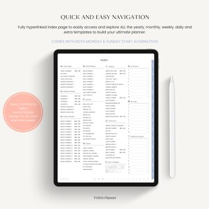 K&ouml;nnte beinhalten: Ein digitaler Planer auf einem Tablet mit minimalistischem Design. Der Bildschirm zeigt eine Indexseite mit Planungskategorien. Ein wei&szlig;er Stift liegt neben dem Tablet. Der Text auf dem Bild lautet "SCHNELLE UND EINFACHE NAVIGATION" und "sauberes, minimalistisches und hochgradig anpassbares Design."