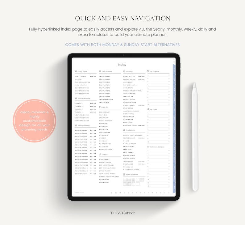 K&ouml;nnte beinhalten: Ein digitaler Planer auf einem Tablet mit minimalistischem Design. Der Bildschirm zeigt eine Indexseite mit Planungskategorien. Ein wei&szlig;er Stift liegt neben dem Tablet. Der Text auf dem Bild lautet "SCHNELLE UND EINFACHE NAVIGATION" und "sauberes, minimalistisches und hochgradig anpassbares Design."
