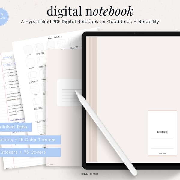 Cuaderno digital 12 pestañas con hipervínculos para notabilidad de Goodnotes - Plantilla de notas digitales para tomar notas y diario de cuaderno digital