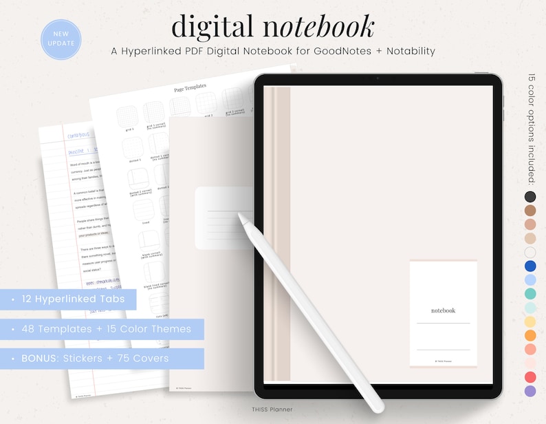 May include: A digital notebook app mockup on a tablet with a stylus. The app has a beige background and the text "notebook" in the bottom right corner. The text "15 color options included" is on the right side of the image with 15 color swatches.
