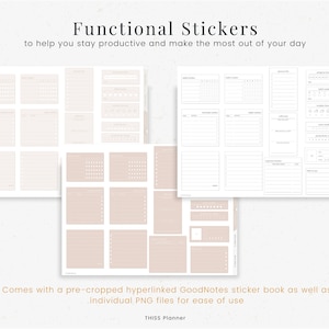 Puede incluir: Un conjunto de pegatinas de planificador imprimibles de color marr&oacute;n claro. Las pegatinas incluyen varios dise&ntilde;os para programar, realizar un seguimiento y organizar. El texto "Functional Stickers" y "to help you stay productive and make the most out of your day" est&aacute; en la parte superior de la imagen. El texto "Comes with a pre-cropped hyperlinked GoodNotes sticker book as well as individual PNG files for ease of use" est&aacute; en la parte inferior de la imagen. El texto "THISS Planner" est&aacute; en la parte inferior de la imagen.