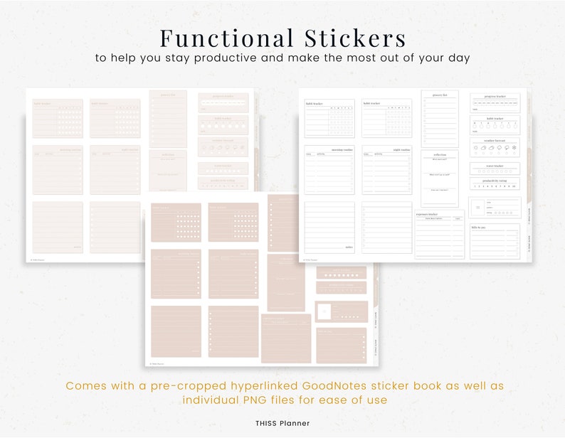 Puede incluir: Un conjunto de pegatinas de planificador imprimibles de color marr&oacute;n claro. Las pegatinas incluyen varios dise&ntilde;os para programar, realizar un seguimiento y organizar. El texto "Functional Stickers" y "to help you stay productive and make the most out of your day" est&aacute; en la parte superior de la imagen. El texto "Comes with a pre-cropped hyperlinked GoodNotes sticker book as well as individual PNG files for ease of use" est&aacute; en la parte inferior de la imagen. El texto "THISS Planner" est&aacute; en la parte inferior de la imagen.