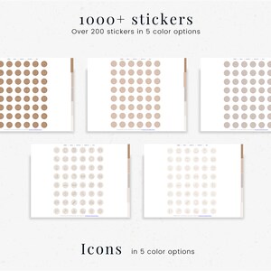 May include: Five sheets of stickers with over 200 icons in five different colors. The icons are in a circle shape and include various designs. The text "1000+ stickers" and "Over 200 stickers in 5 color options" is at the top of the image. The text "Icons" and "in 5 color options" is at the bottom of the image.
