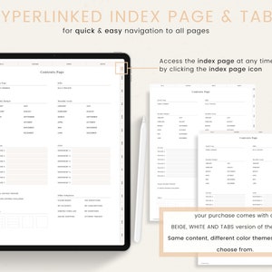Puede incluir: Un planificador digital con una p&aacute;gina de contenido, que muestra una secci&oacute;n de presupuesto mensual y objetivos mensuales. El planificador est&aacute; disponible en versiones beige, blanco y con pesta&ntilde;as. El texto "HYPERLINKED INDEX PAGE & TABS" est&aacute; en la parte superior de la imagen. El texto "Acceda a la p&aacute;gina de &iacute;ndice en cualquier momento haciendo clic en el icono de la p&aacute;gina de &iacute;ndice" est&aacute; en la esquina superior derecha de la imagen. El texto "su compra viene con una versi&oacute;n BEIGE, BLANCA Y CON PESTA&Ntilde;AS del planificador! Mismo contenido, diferentes temas de color para que pueda elegir." est&aacute; en la parte inferior de la imagen.