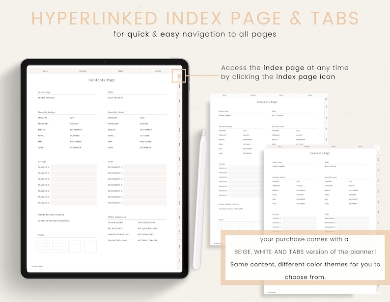 Puede incluir: Un planificador digital con una p&aacute;gina de contenido, que muestra una secci&oacute;n de presupuesto mensual y objetivos mensuales. El planificador est&aacute; disponible en versiones beige, blanco y con pesta&ntilde;as. El texto "HYPERLINKED INDEX PAGE & TABS" est&aacute; en la parte superior de la imagen. El texto "Acceda a la p&aacute;gina de &iacute;ndice en cualquier momento haciendo clic en el icono de la p&aacute;gina de &iacute;ndice" est&aacute; en la esquina superior derecha de la imagen. El texto "su compra viene con una versi&oacute;n BEIGE, BLANCA Y CON PESTA&Ntilde;AS del planificador! Mismo contenido, diferentes temas de color para que pueda elegir." est&aacute; en la parte inferior de la imagen.