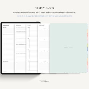 K&ouml;nnte beinhalten: Ein Planer mit Jahres- und Quartalsvorlagen. Die Seiten sind wei&szlig; mit schwarzem Text und enthalten Abschnitte f&uuml;r Ziele, Reflexionen und Kalender. Der Text "YEARLY PAGES" und "THISS Planner" sind sichtbar.