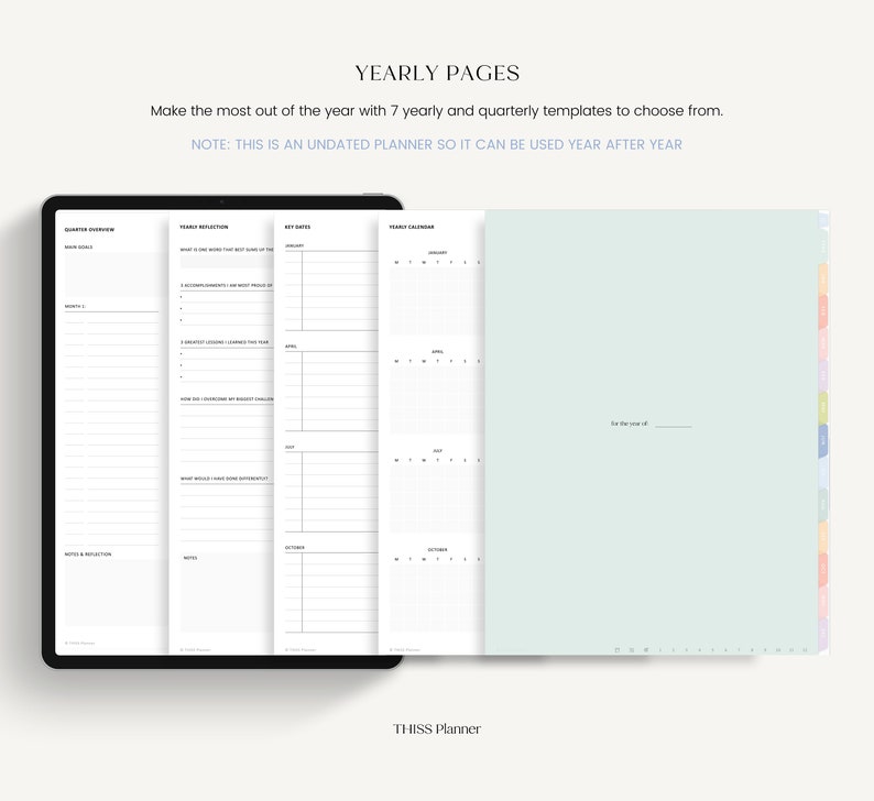 K&ouml;nnte beinhalten: Ein Planer mit Jahres- und Quartalsvorlagen. Die Seiten sind wei&szlig; mit schwarzem Text und enthalten Abschnitte f&uuml;r Ziele, Reflexionen und Kalender. Der Text "YEARLY PAGES" und "THISS Planner" sind sichtbar.
