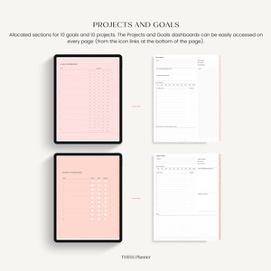 K&ouml;nnte beinhalten: Digitaler Planer mit rosa Seiten, die auf zwei schwarzen Tablets angezeigt werden. Der Planer enth&auml;lt Abschnitte f&uuml;r Ziele und Projekte mit entsprechenden Dashboards. Der Text "PROJECTS AND GOALS" steht oben und "THISS Planner" unten.
