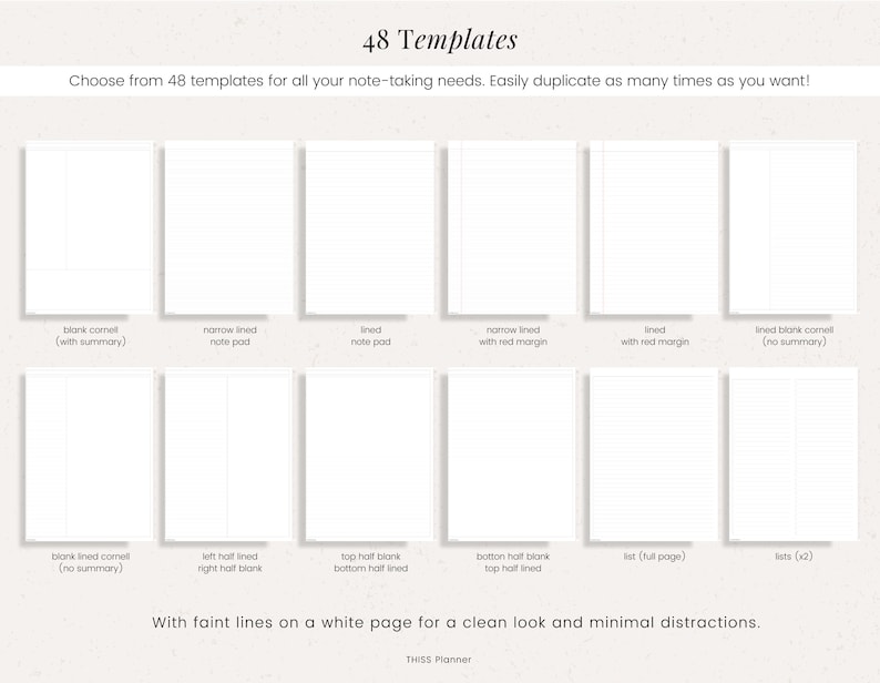May include: A grid of 48 different note-taking templates. The templates are all white with faint gray lines. The templates include blank Cornell notes, lined notepads, narrow lined notepads with red margins, and list templates.