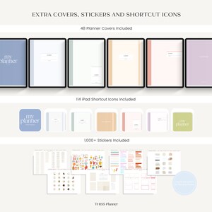 K&ouml;nnte beinhalten: Digitale Planer-Elemente, darunter 48 Planer-Cover, 114 iPad-Shortcut-Icons und &uuml;ber 1.000 Sticker. Das Bild zeigt eine Vielzahl von digitalen Planer-Covern in Pastellfarben sowie Icons und Stickerb&ouml;gen. Der Text lautet "my planner".