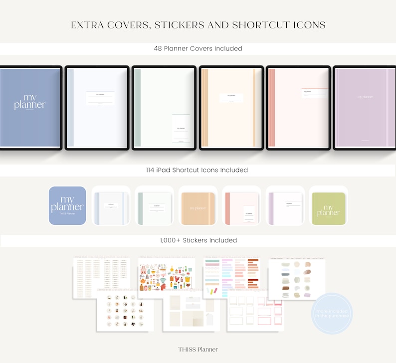 K&ouml;nnte beinhalten: Digitale Planer-Elemente, darunter 48 Planer-Cover, 114 iPad-Shortcut-Icons und &uuml;ber 1.000 Sticker. Das Bild zeigt eine Vielzahl von digitalen Planer-Covern in Pastellfarben sowie Icons und Stickerb&ouml;gen. Der Text lautet "my planner".