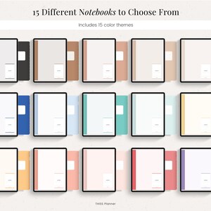May include: 15 different notebook covers to choose from. Includes 15 color themes. This is a digital planner.