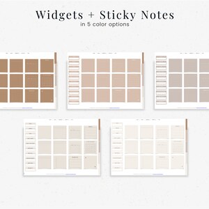 May include: A set of printable digital planner widgets and sticky notes in five different colors: brown, beige, light brown, gray, and white. The widgets include a calendar, to-do list, and lined notes.