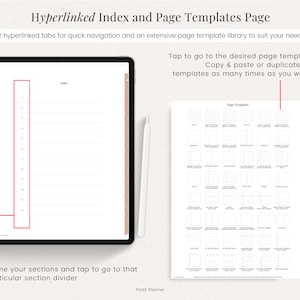 May include: A digital planner app interface with a pink tabbed index and a page of page templates. The index has 12 tabs for quick navigation. The page templates include a variety of layouts for note-taking, journaling, and planning.