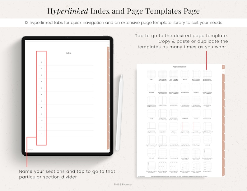 May include: A digital planner app interface with a pink tabbed index and a page of page templates. The index has 12 tabs for quick navigation. The page templates include a variety of layouts for note-taking, journaling, and planning.