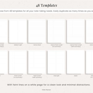 May include: A grid of 48 different note-taking templates. The templates are all white with faint lines and are labeled with their names, such as "dotted 2 comell (with summary)" and "lined split". The text "48 Templates" is at the top of the image, and the text "With faint lines on a white page for a clean look and minimal distractions." is at the bottom of the image.
