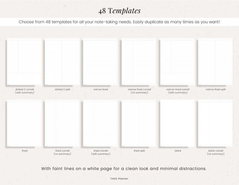 May include: A grid of 48 different note-taking templates. The templates are all white with faint lines and are labeled with their names, such as "dotted 2 comell (with summary)" and "lined split". The text "48 Templates" is at the top of the image, and the text "With faint lines on a white page for a clean look and minimal distractions." is at the bottom of the image.